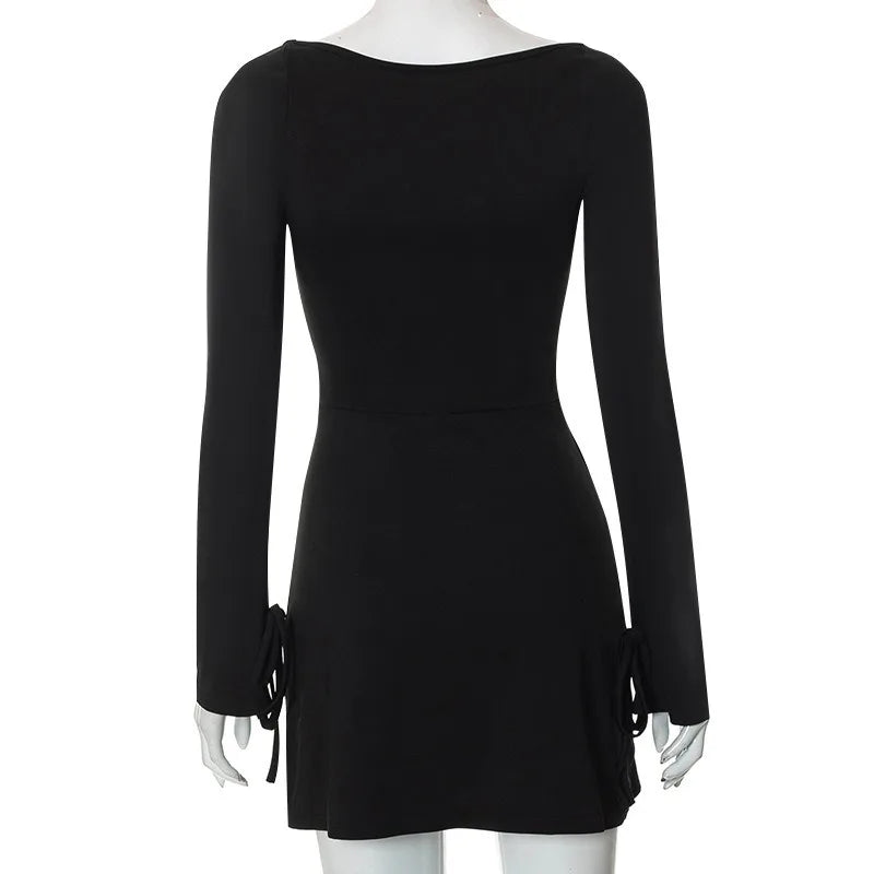 Spring New Mini Dresses Women Streetwear Fashion Long Sleeves Lace-up Split Dress Black Sexy Elegant Casual Slim Dresses Female