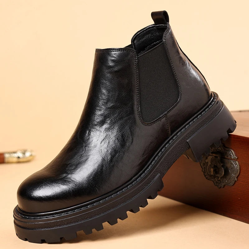 Cowhide Genuine Leather Ankle Boots Comfortable Real Cook Leather Dress Shoes Handsome Classy Slip on Men Boots