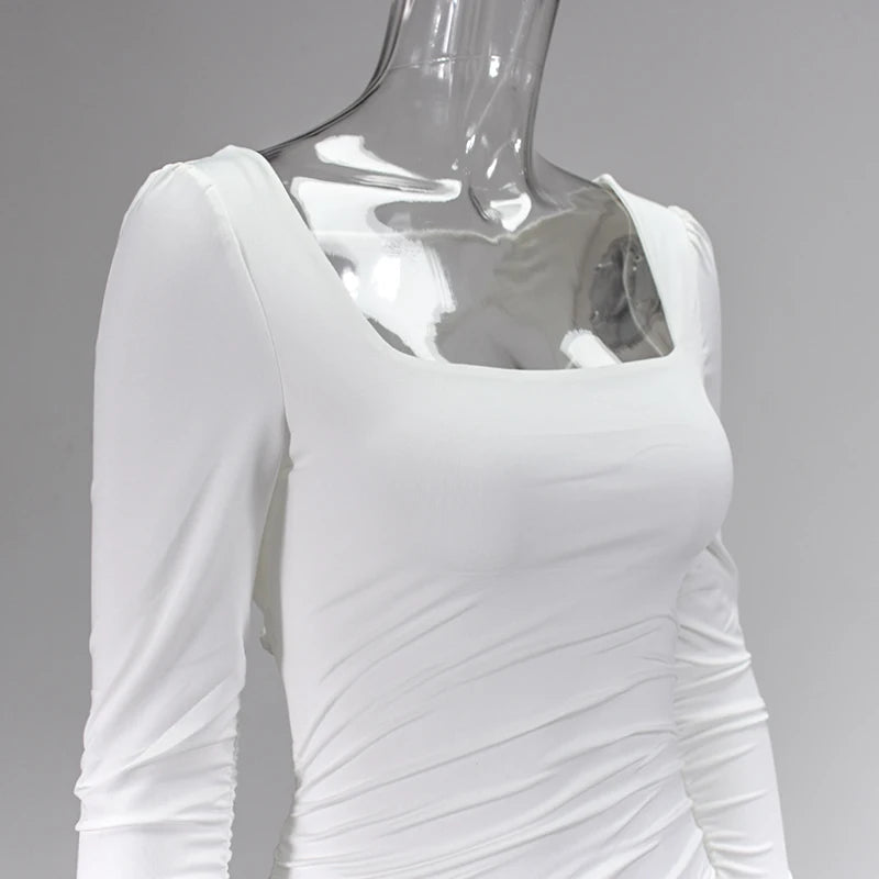 NewAsia Double Layers Sexy Dress Women Long Sleeve Club Dresses Backless Lace Up Ruched Dress Casual White Mini Bodycon Vestidos