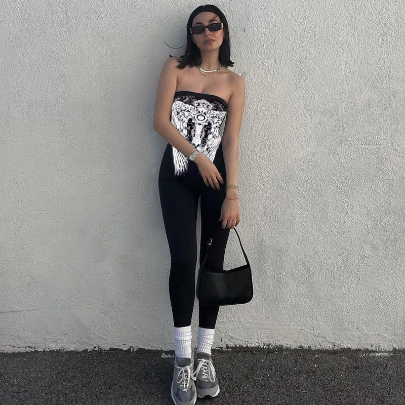 Summer Hot Selling Women Diamond Collage Printed Slim Body Sexy Off Shoulder Jumpsuit