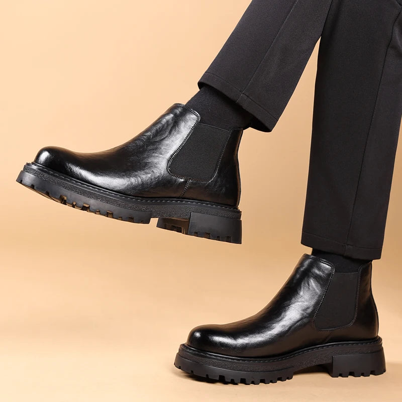 Cowhide Genuine Leather Ankle Boots Comfortable Real Cook Leather Dress Shoes Handsome Classy Slip on Men Boots