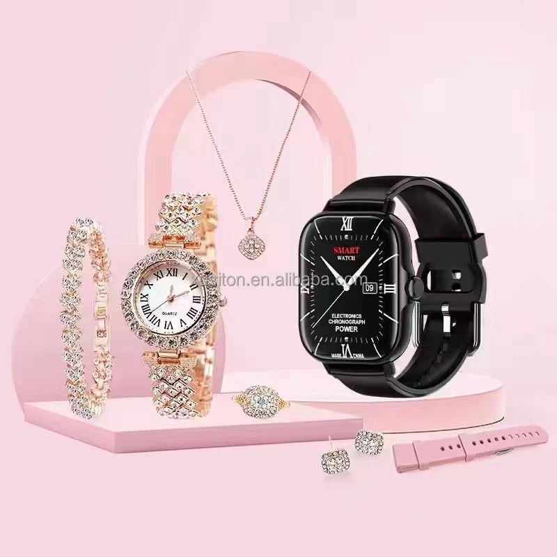 2024 Montre Ensemble Pour Les Femmes A58 PLUS 8 En 1 2 Sangle Anneau Boucle D'oreille Ecran Tactile Dames Montre Intelligente