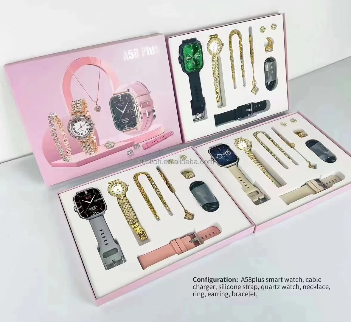 2024 Montre Ensemble Pour Les Femmes A58 PLUS 8 En 1 2 Sangle Anneau Boucle D'oreille Ecran Tactile Dames Montre Intelligente