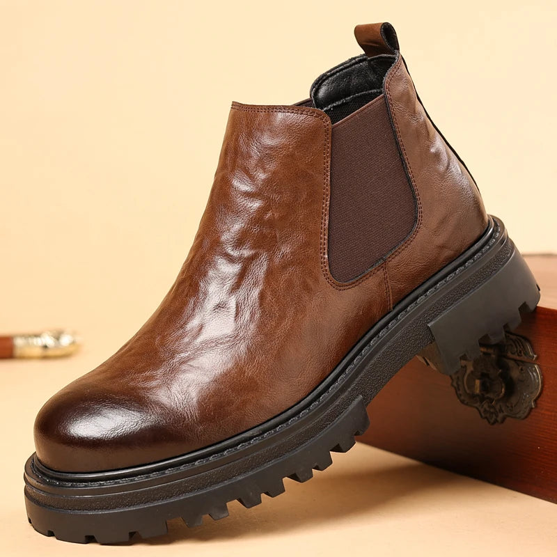 Cowhide Genuine Leather Ankle Boots Comfortable Real Cook Leather Dress Shoes Handsome Classy Slip on Men Boots