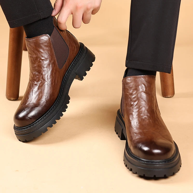 Cowhide Genuine Leather Ankle Boots Comfortable Real Cook Leather Dress Shoes Handsome Classy Slip on Men Boots