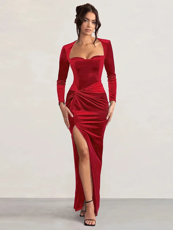 Articat Sexy Velvet Elastic Tight Long Sleeved Dress Elegant Bodycon Slit Party Evening Dress Autumn/winter 2025New Slim Vestido