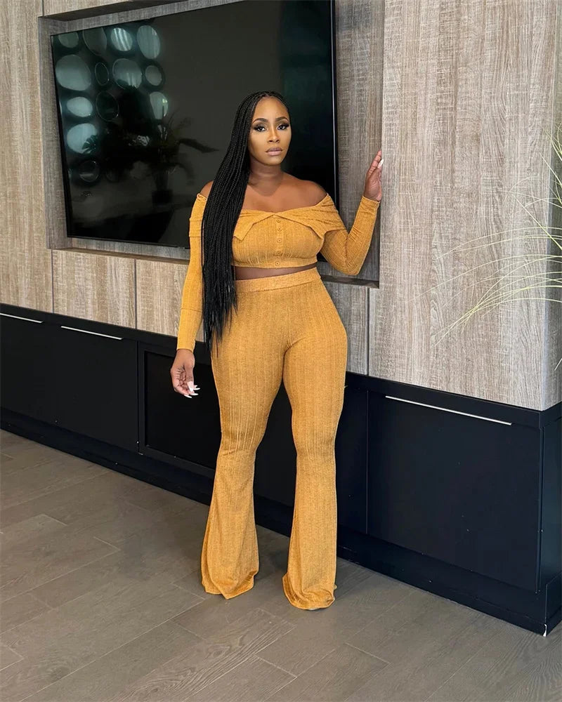 Sexy Knitted Two Piece Set for Women Birthday Outfits Off Shoulder Slash Neck Crop Top and Flare Pants Set Conjuntos Femininos