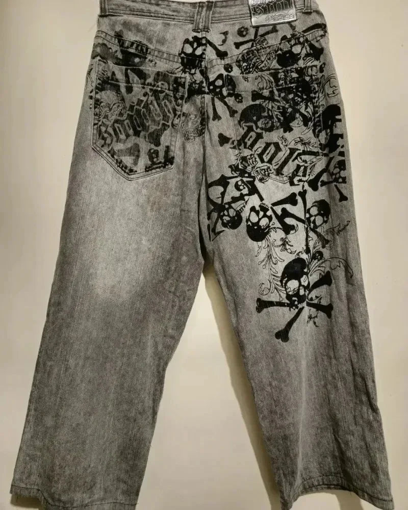 Streetwear Y2K Gothic Denim Trousers Harajuku Punk Dinosaur Embroidery Washed Jeans Hip Hop Wide Leg Oversized Jeans Mens Womens