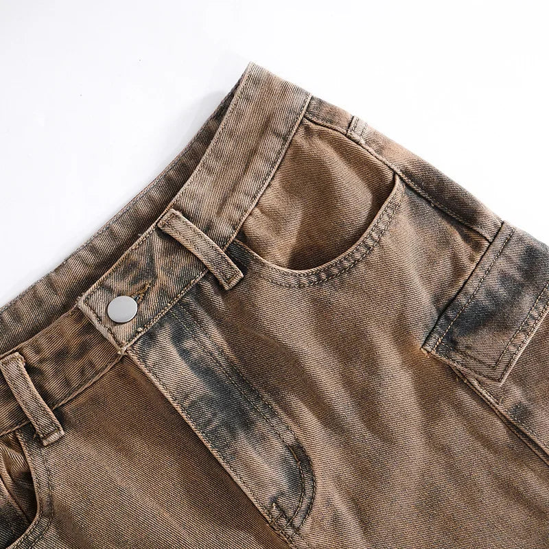 High Waist Tie Dye Denim Pants Women's Workwear Style Loose Fit Multi Pocket Trendy Street Fashion Long Trousers
