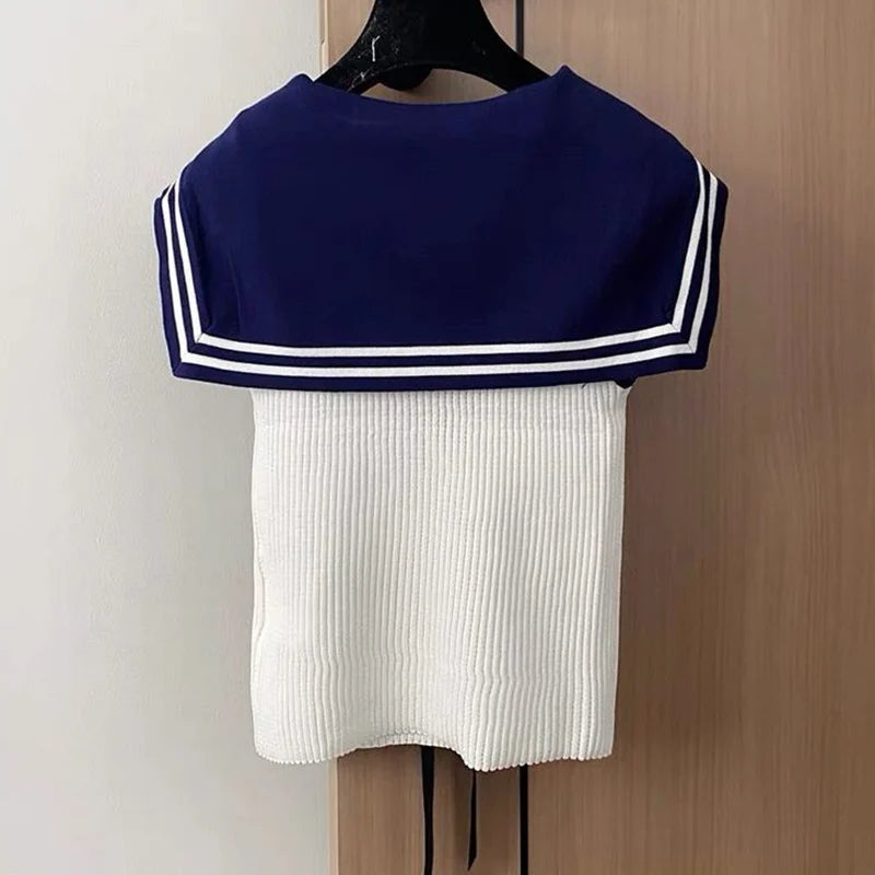 Summer Letter Embroidered Knitting Tank Top Women Clothes Preppy Style Lacing Patchwork Sailor Collar Sleeveless Pullovers Tops