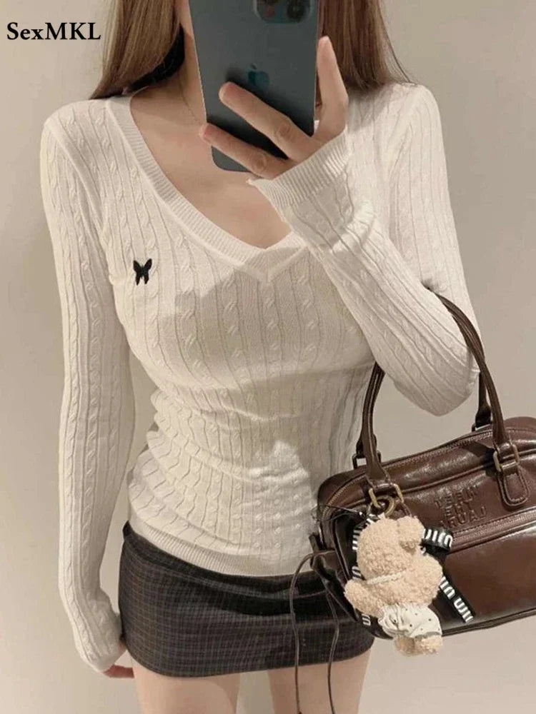 Casual V Neck White Pullovers Women Sweaters Autumn Winter Basic Long Sleeve Y2k Clothes Korean Pink Grey Ladies Tops Jumpers