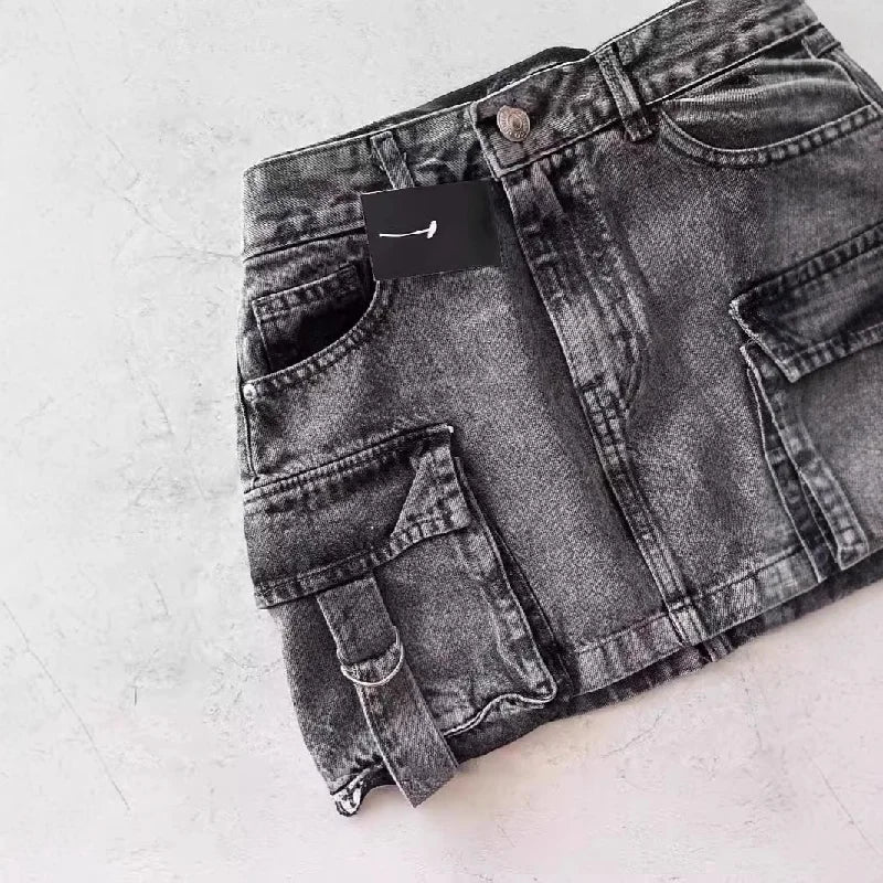 Euphoria Women Vintage Y2K Style High Street Pockets Sexy Skirts 2025 Spring Casual High Waist Vintage Hotsweet Mini Denim Skirt