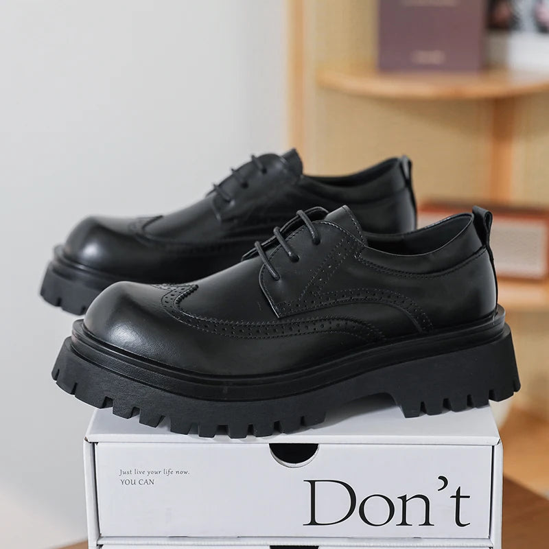British Style Men's Block Shoes Thick Soled Durable for Office Interviews Formal Shoes Retro Brown Men's Shiny Leather Shoes