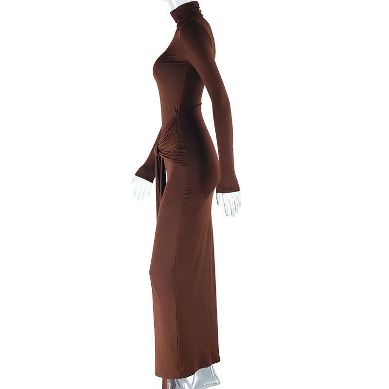 CM.YAYA Women Full Sleeve Turtleneck Ribbon Ruched Long Maxi Dress 2025 Spring Sexy Street Slim Evening Night Club Party Dresses