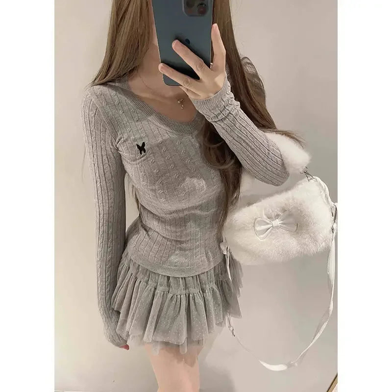 Casual V Neck White Pullovers Women Sweaters Autumn Winter Basic Long Sleeve Y2k Clothes Korean Pink Grey Ladies Tops Jumpers