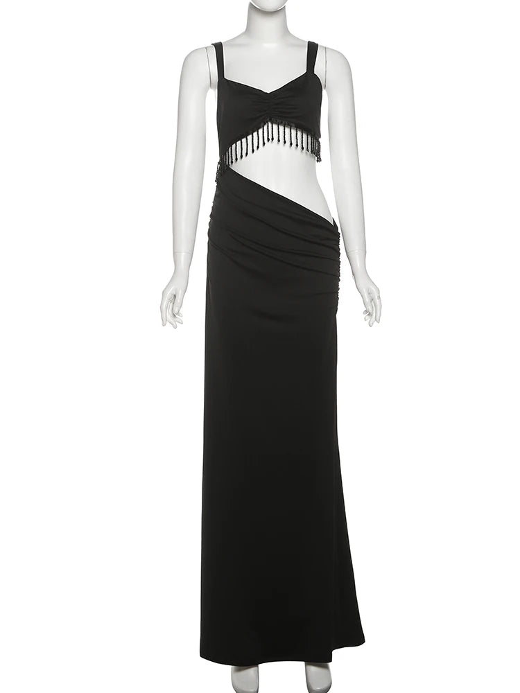 Weird Puss Sexy Hollow Tassel Women Dress Y2K Backless Sleeveless Side Ruched Summer Fashion Midnight Clubwear Backless Vestidos