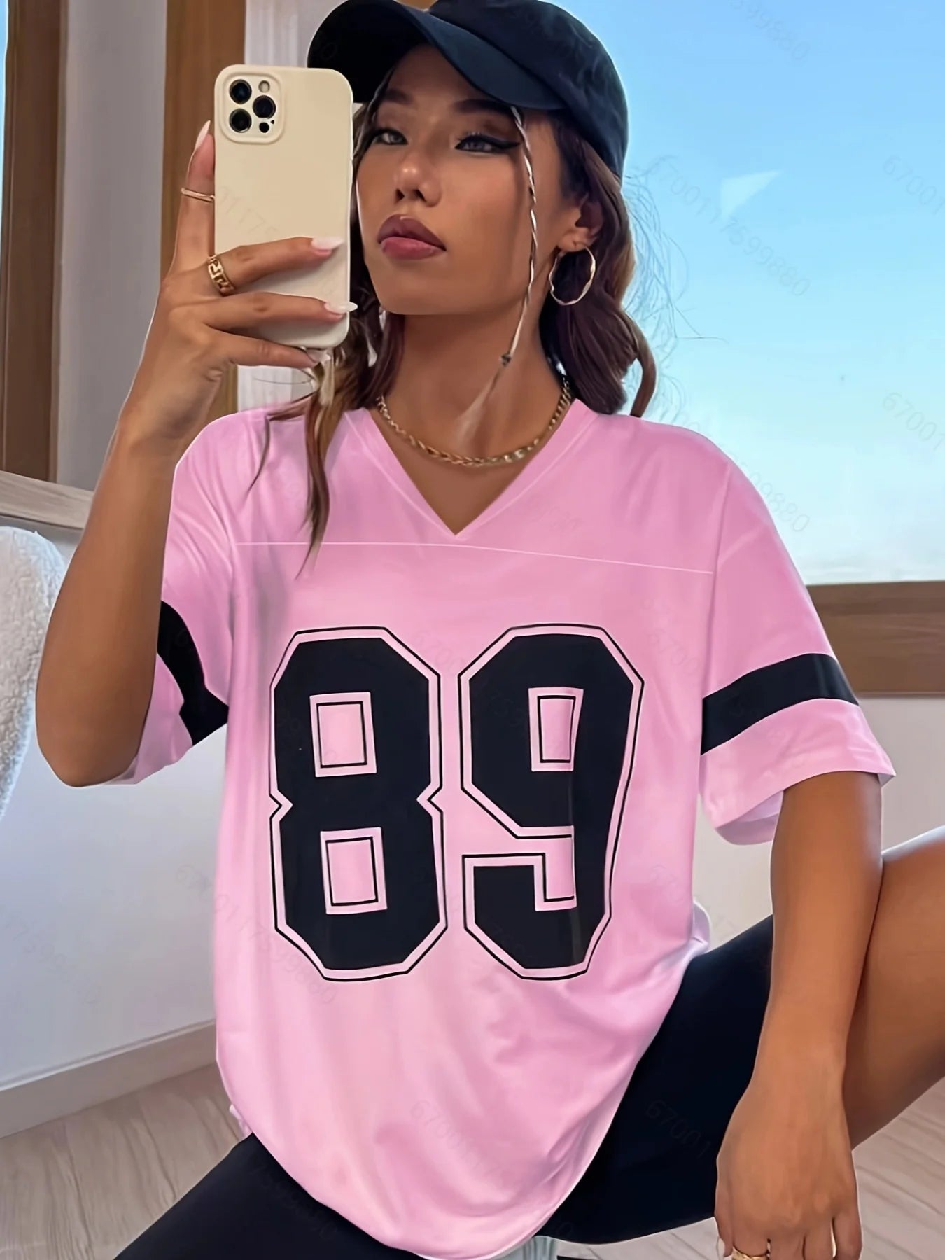 Women's V-Neck 89 Pattern T-Shirt With Stripes Casual Short-Sleeved Top Suitable For Summer Loose And Quick-Drying Sporty Style