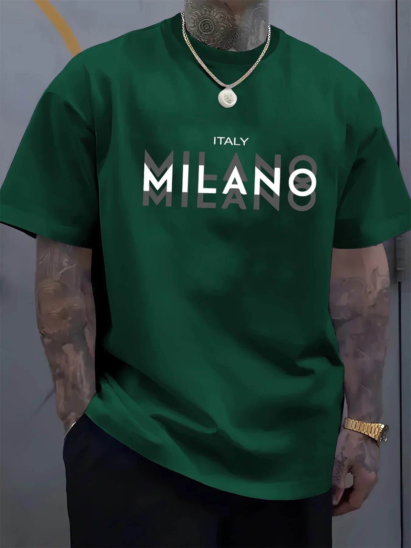Summer men's comfortable round neck short-sleeved casual T-shirt Italian Milan print pattern