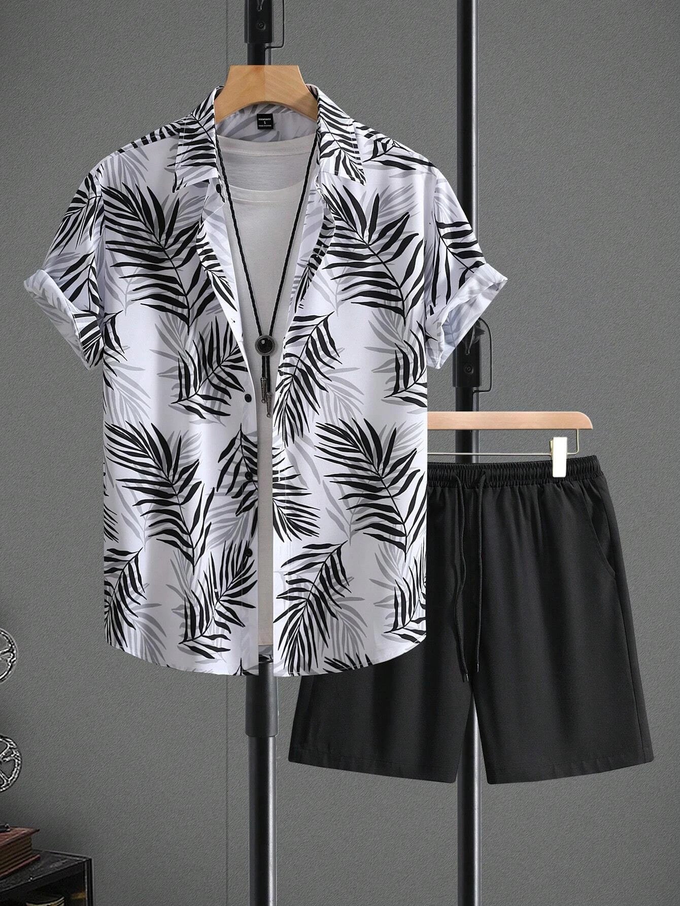 Summer Fashion Men's Suit Elegant Plant Printing Pattern Short-sleeved Lapel Shirt And Drawstring Shorts Leisure Two-piece Suit