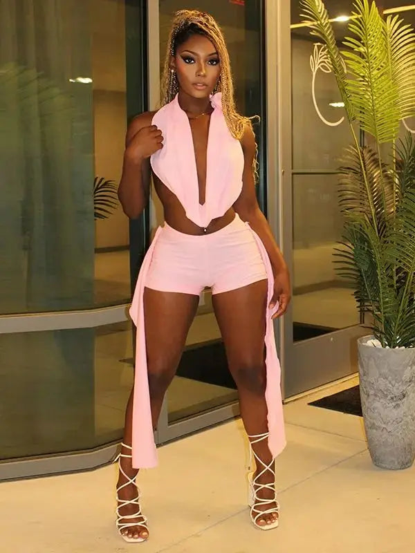 Weird Puss Elegant Women 2 Piece Set Halter Swing Collar Backless Sexy Tank Tops+Side Tassel Shorts Matching Clubwear Outfits