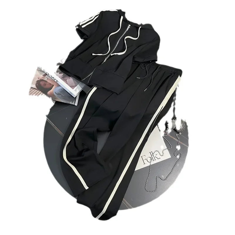 Korean Style Women's Sportswear Summer 2024 Trendy Age-Reducing Slimming Elegant Short Sleeves Hooded Top 2-Piece Set