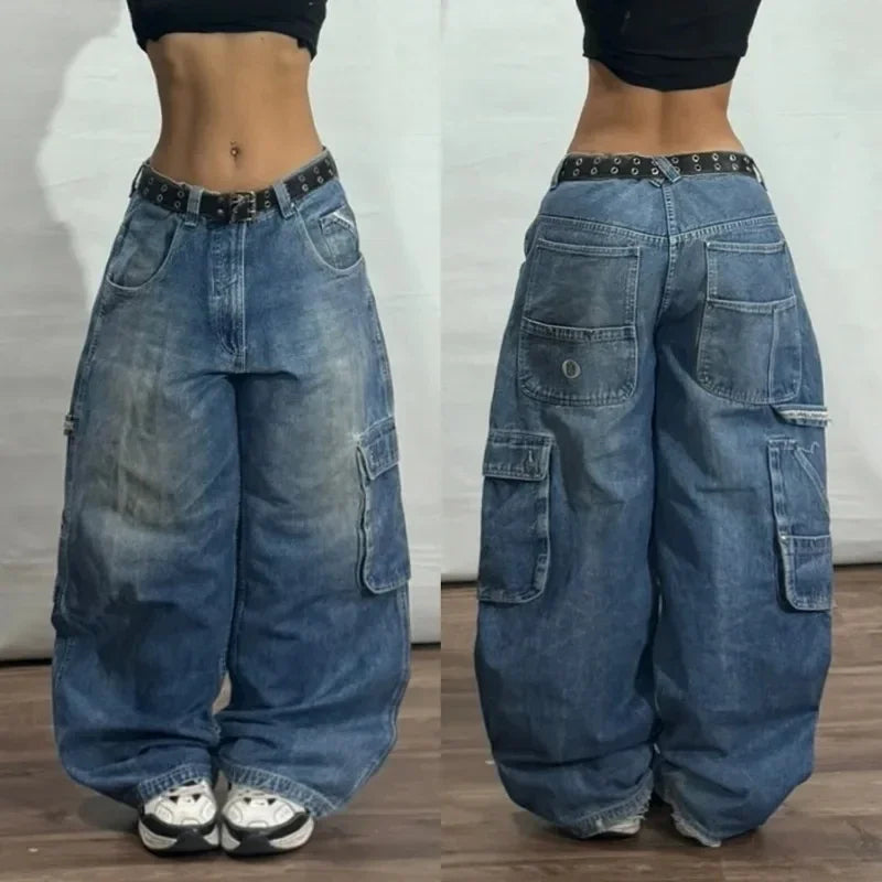 Y2K American New Hole Oversized Printing Washed Old Casual Jeans Men Punk Fashion Vintage Hip Hop High Waist Wide Leg Pants