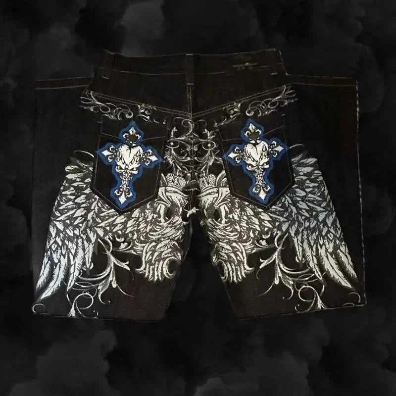 Jeans embroidered hip-hop wide-leg floor-moving Y2K mid-waist gothic individual men's pants American retro fashion trousers