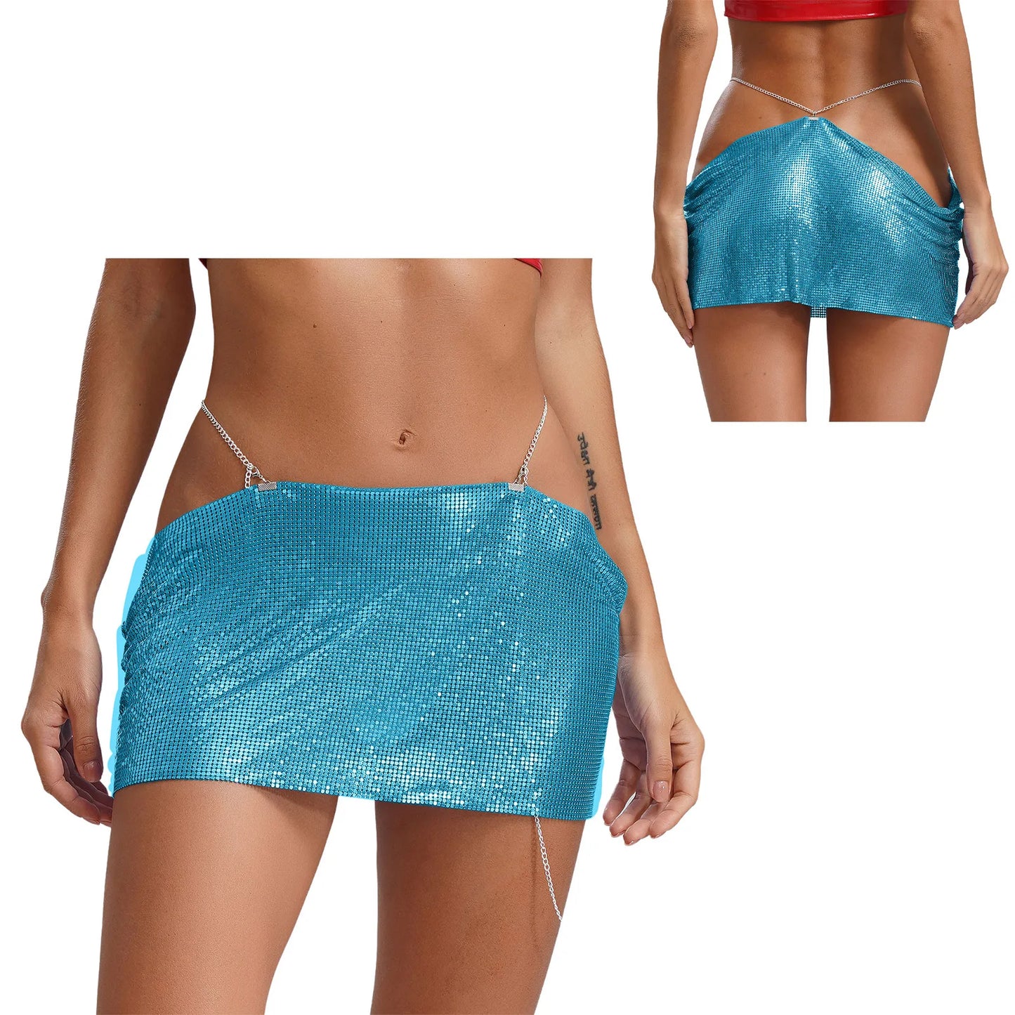 Women Sparkly Sequins Mini Skirt Low Waist Metal Chains Waistband Glitter Skirts Sexy Miniskirt Nightclub Rave Party Clubwear
