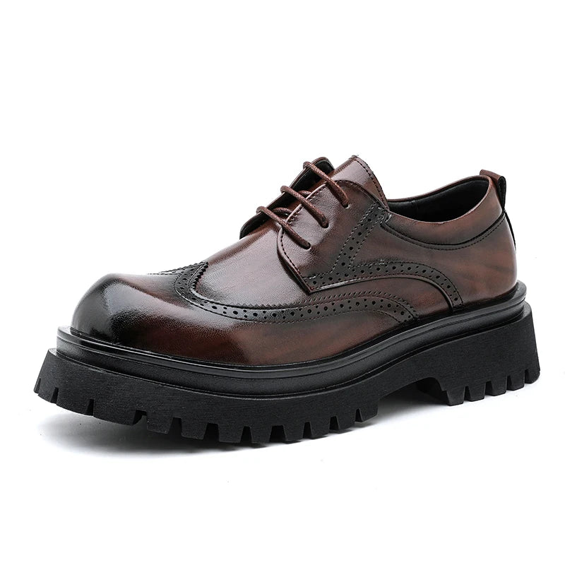 British Style Men's Block Shoes Thick Soled Durable for Office Interviews Formal Shoes Retro Brown Men's Shiny Leather Shoes