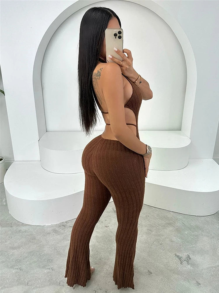 Weird Puss Backless Jumpsuit Women Low-Neck Sleeveless Skinny Stretch Halter Fitness Knit Clubwear Sexy Summer Trend Soft Outfit