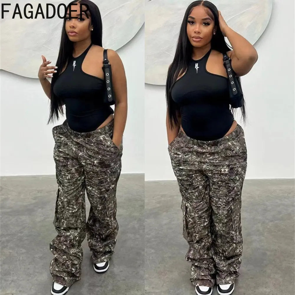FAGADOER Casual Camouflage Cargo Pants Fashion Y2K Street Wide Leg Pants Women High Waisted Button Pocket Trousers Bottoms 2023