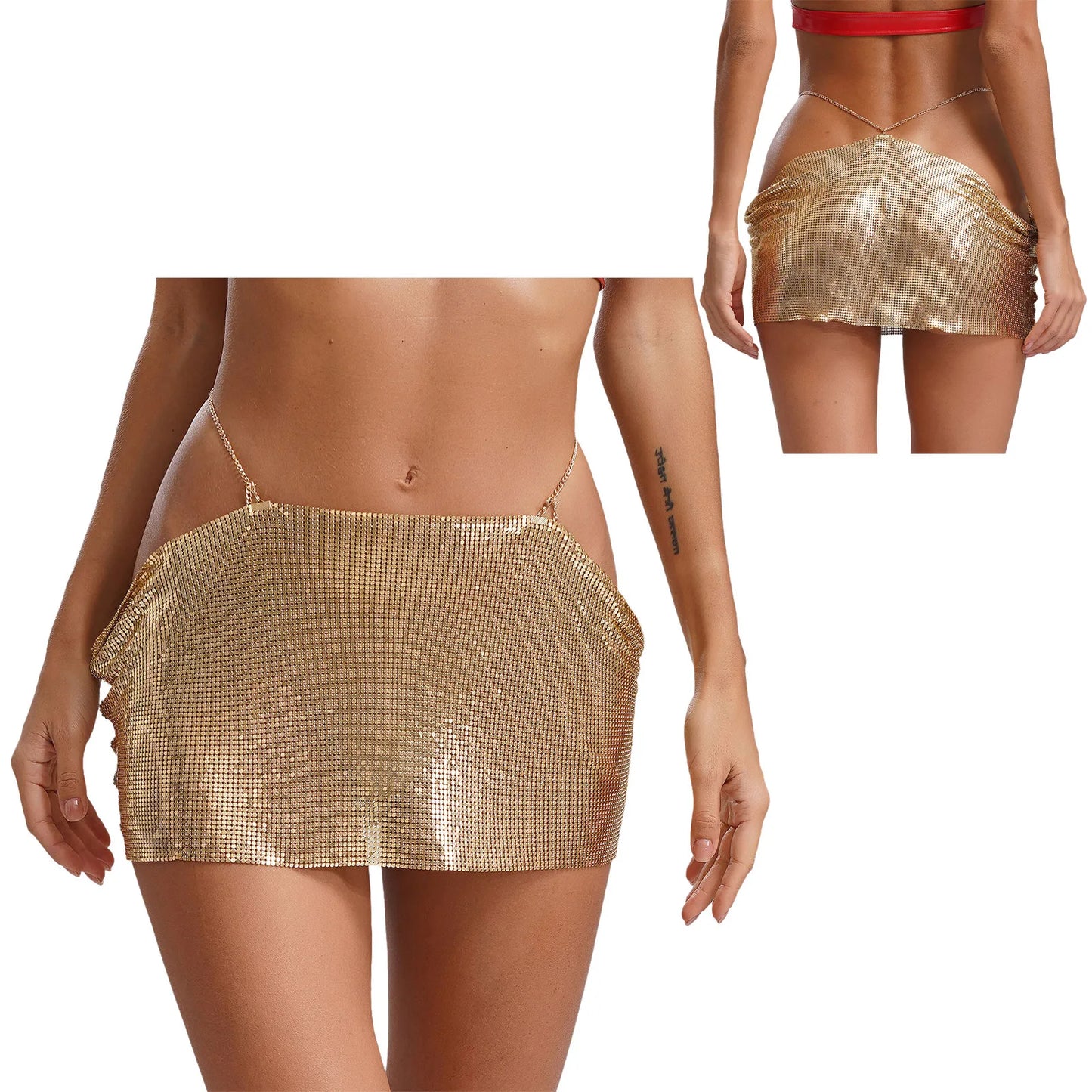 Women Sparkly Sequins Mini Skirt Low Waist Metal Chains Waistband Glitter Skirts Sexy Miniskirt Nightclub Rave Party Clubwear