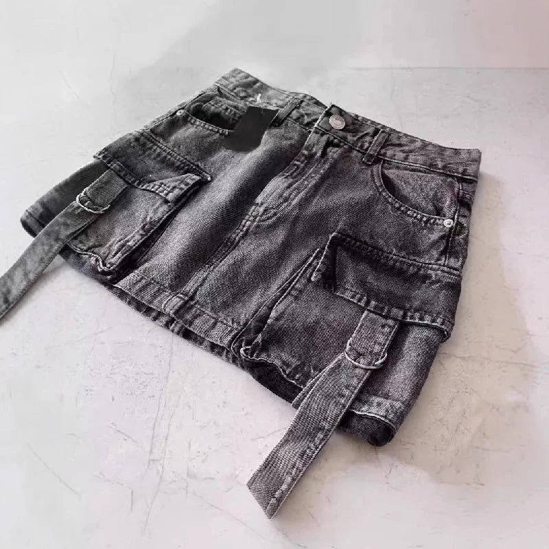 Euphoria Women Vintage Y2K Style High Street Pockets Sexy Skirts 2025 Spring Casual High Waist Vintage Hotsweet Mini Denim Skirt