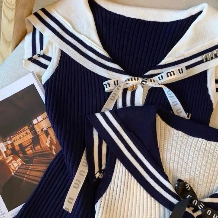Summer Letter Embroidered Knitting Tank Top Women Clothes Preppy Style Lacing Patchwork Sailor Collar Sleeveless Pullovers Tops