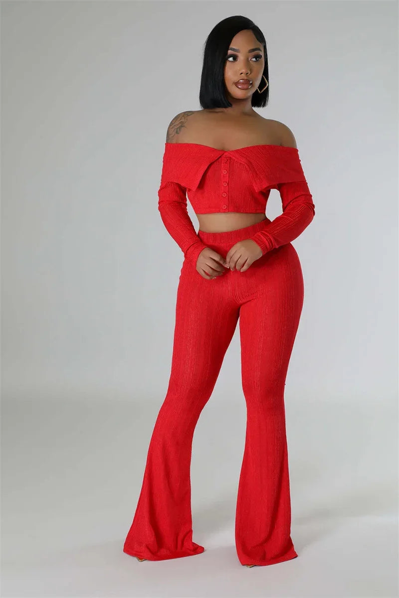 Sexy Knitted Two Piece Set for Women Birthday Outfits Off Shoulder Slash Neck Crop Top and Flare Pants Set Conjuntos Femininos
