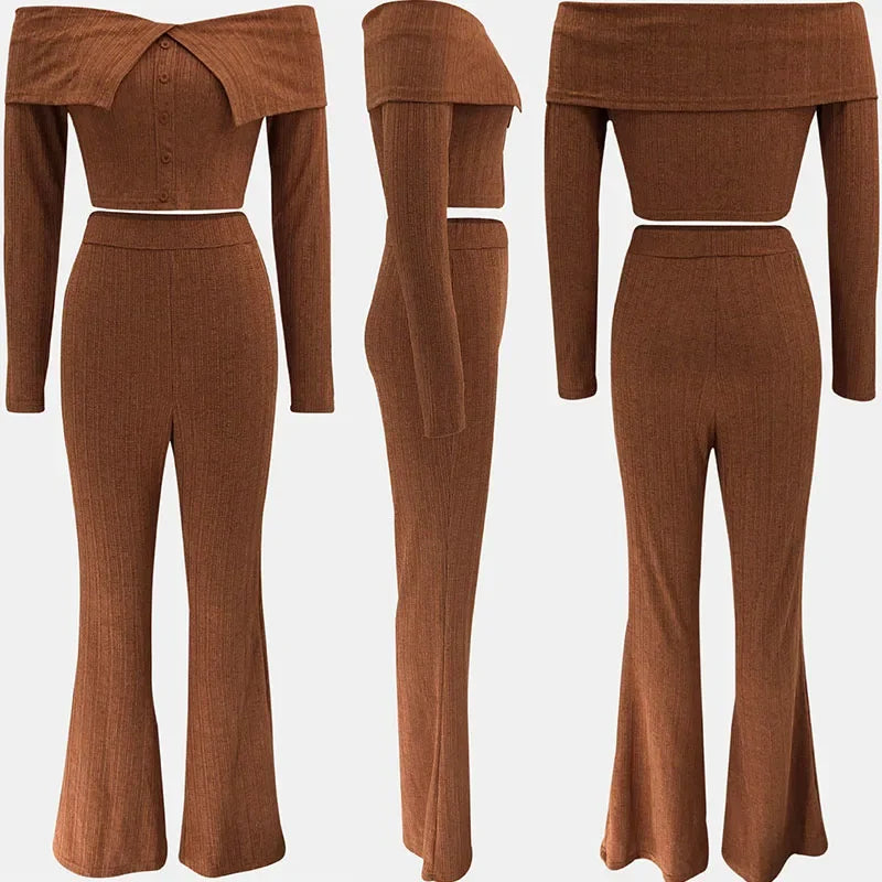Sexy Knitted Two Piece Set for Women Birthday Outfits Off Shoulder Slash Neck Crop Top and Flare Pants Set Conjuntos Femininos