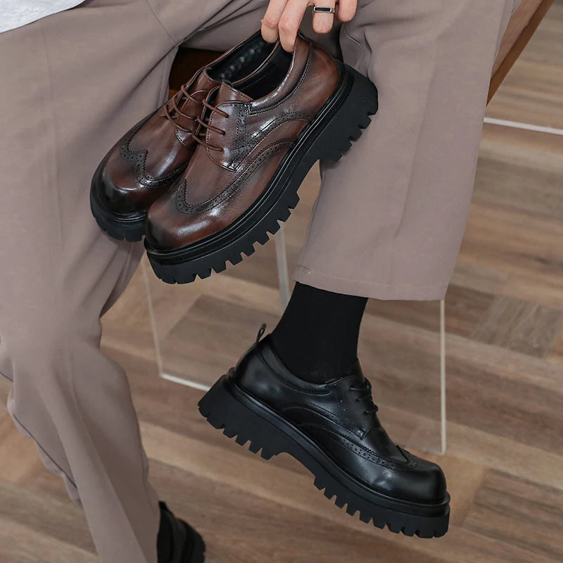 British Style Men's Block Shoes Thick Soled Durable for Office Interviews Formal Shoes Retro Brown Men's Shiny Leather Shoes