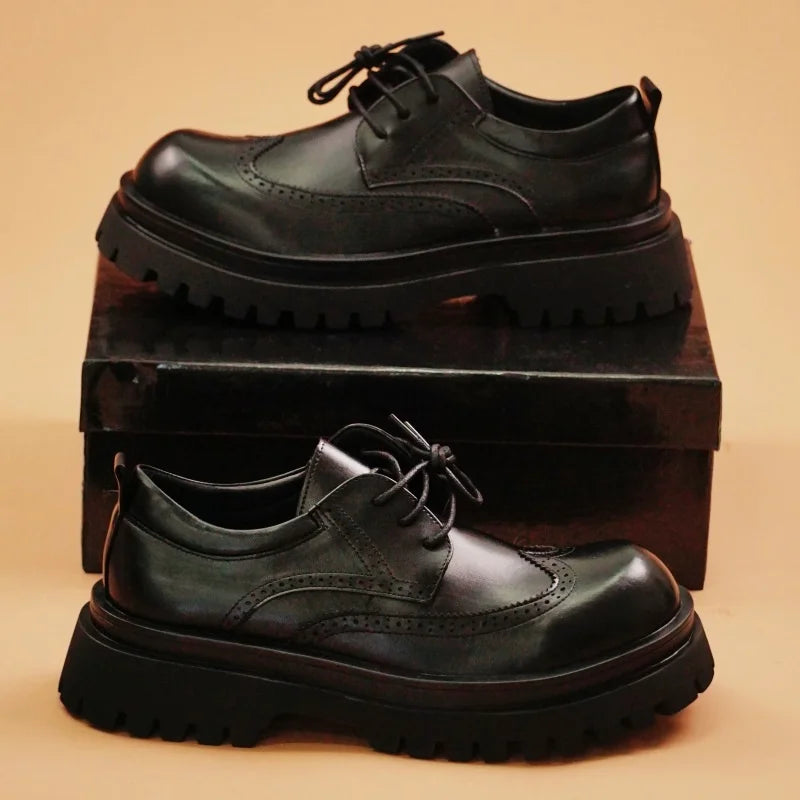 British Style Men's Block Shoes Thick Soled Durable for Office Interviews Formal Shoes Retro Brown Men's Shiny Leather Shoes