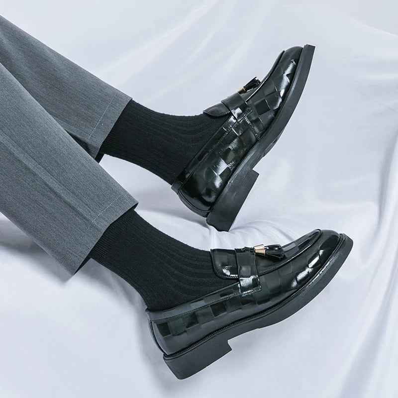 Fashion Business Chequer Loafers Men's Slip-On Brown Office Moccasins Male Dress Shoes Career Black Leather Shoes Plus Size38-47