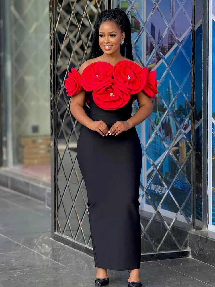 PB 2024 Elegant 3D Flowers Diamond Bra Bandage Maxi Dress Off Shoulder One Line Neck Sleeveless Women Celebrity Club Dress