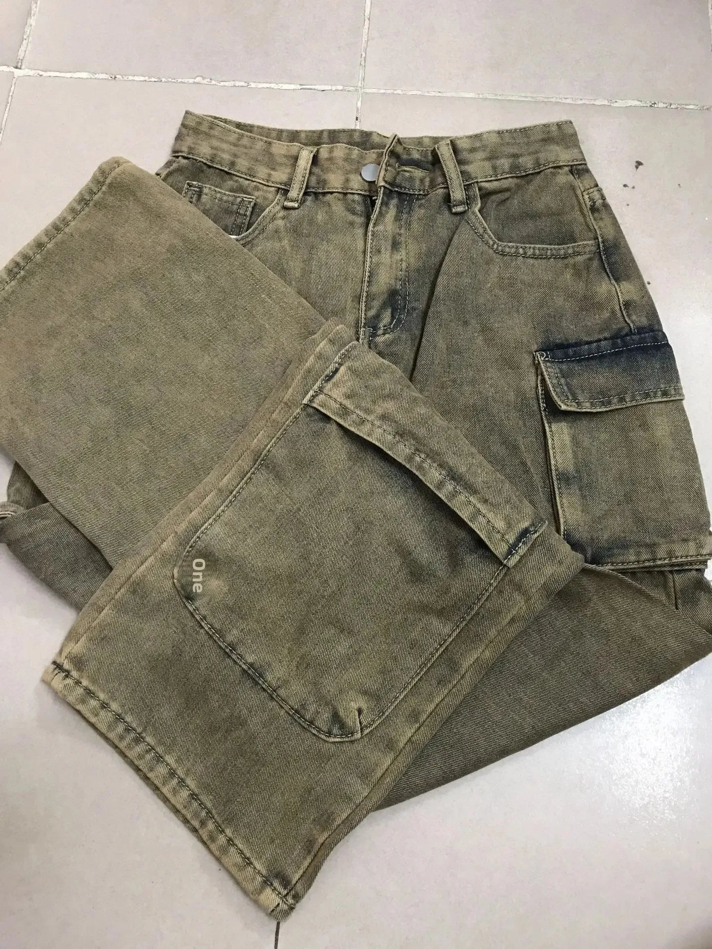 High Waist Tie Dye Denim Pants Women's Workwear Style Loose Fit Multi Pocket Trendy Street Fashion Long Trousers
