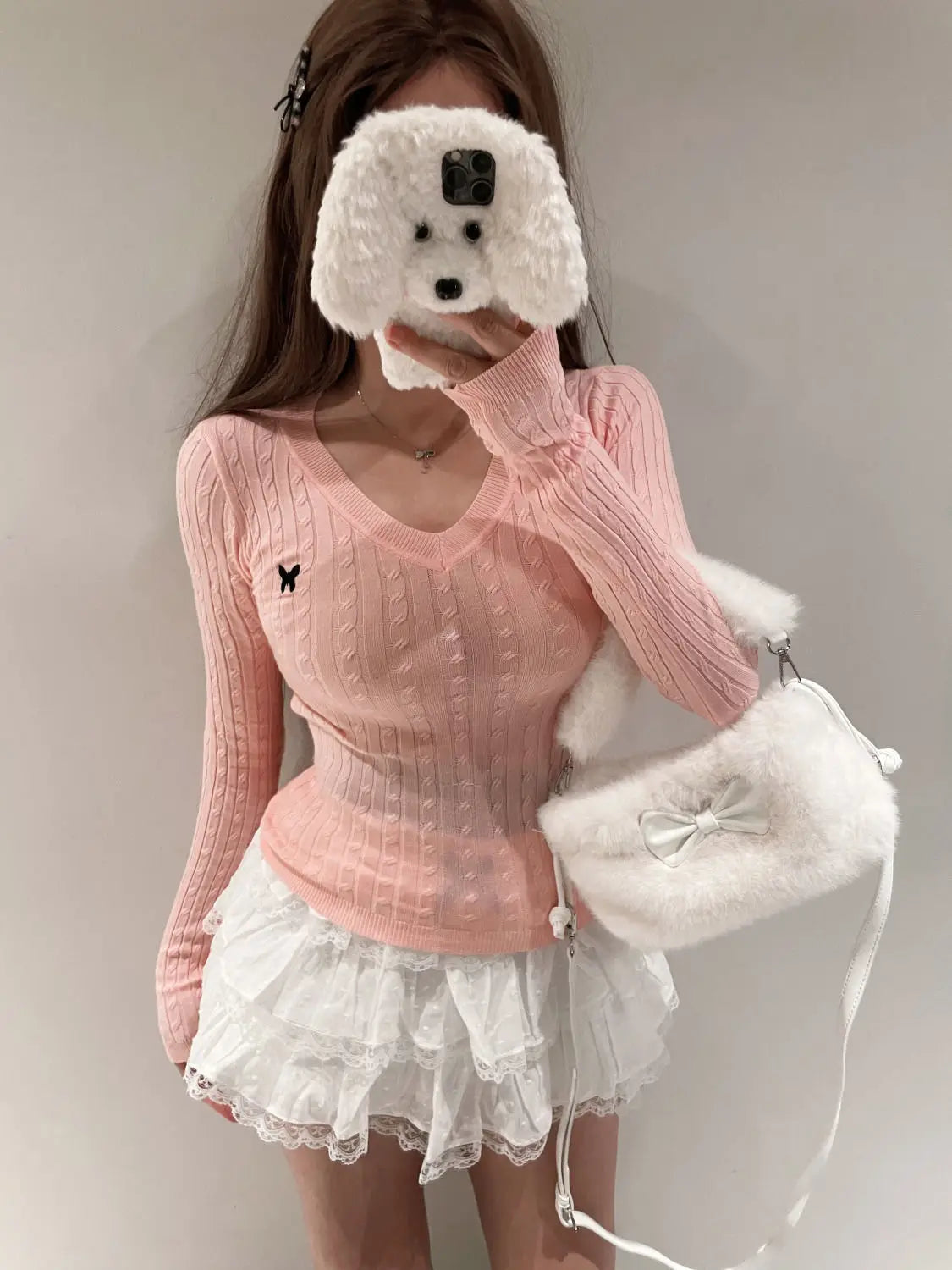 Casual V Neck White Pullovers Women Sweaters Autumn Winter Basic Long Sleeve Y2k Clothes Korean Pink Grey Ladies Tops Jumpers