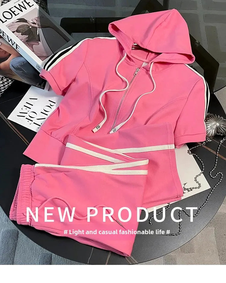 Korean Style Women's Sportswear Summer 2024 Trendy Age-Reducing Slimming Elegant Short Sleeves Hooded Top 2-Piece Set