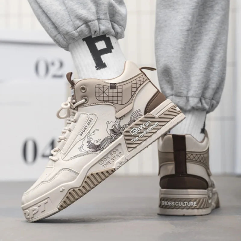 Pu Leather Sneakers Men's Ankle Boots High Top Vulcanized Shoes Casual Autumn Men Skateboard Shoes Street Youth Sports Shoes