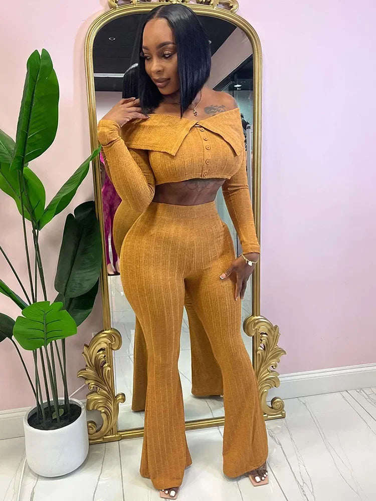 Sexy Knitted Two Piece Set for Women Birthday Outfits Off Shoulder Slash Neck Crop Top and Flare Pants Set Conjuntos Femininos