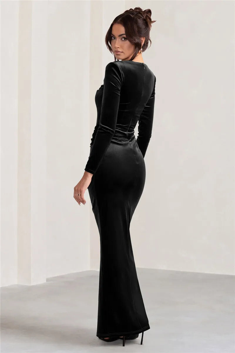 Mozision Square Collar Long Sleeve Sexy Maxi Dress For Women Velvet Fashion Ruched Split Bodycon Club Party Elegant Long Dress