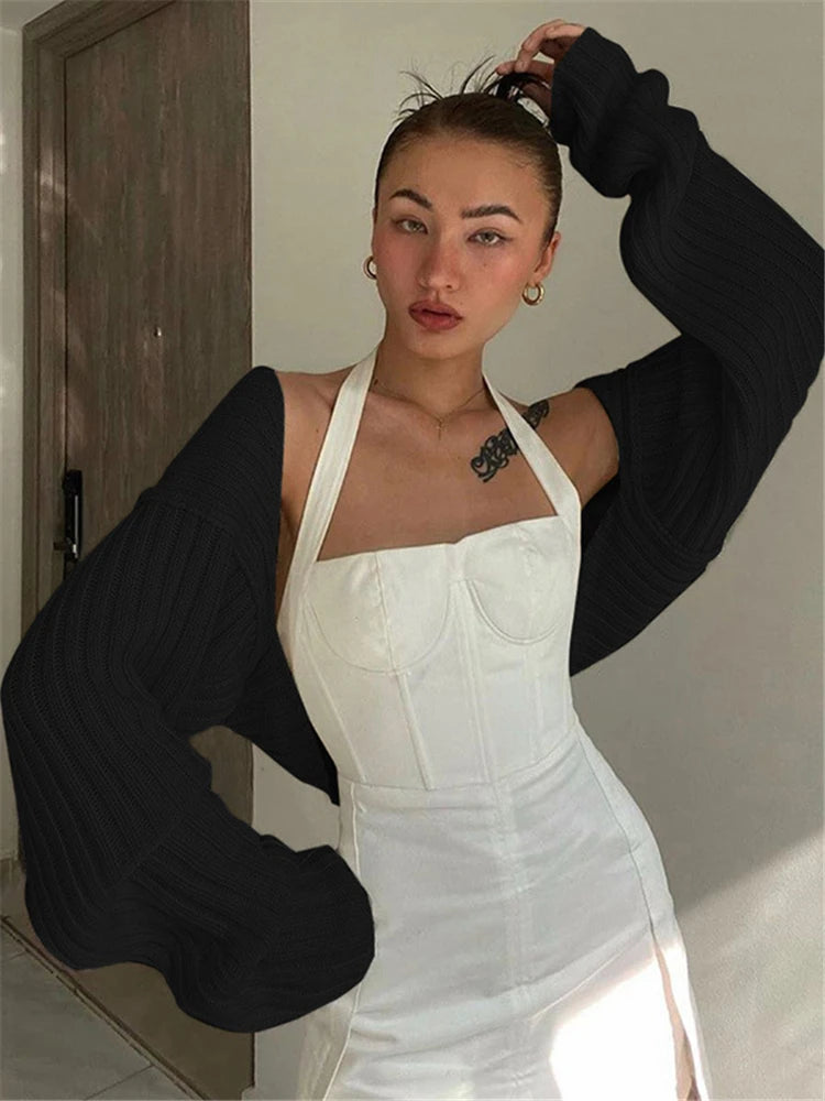 Tossy White Women Sweater Shrugs Cropped Top Full Lantern Sleeve Knitwear Pullover Sexy Summer High Street Outwear 2023 Spring