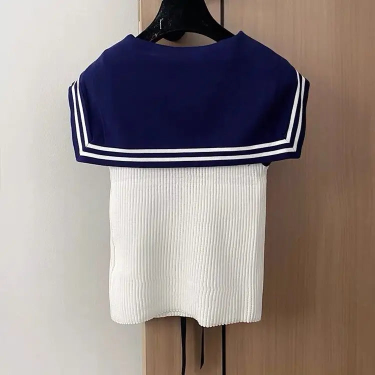 Summer Letter Embroidered Knitting Tank Top Women Clothes Preppy Style Lacing Patchwork Sailor Collar Sleeveless Pullovers Tops