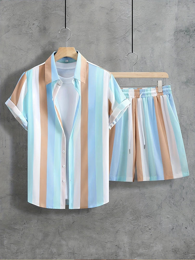 Coconut Tree Print Men's Shirt Gradient Short Sleeve And Beach Shorts Sets Summer Casual Loose Shirts Hawaiian Style Man Outfit