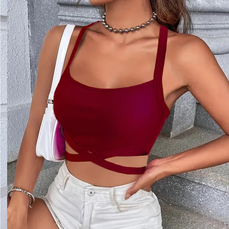 Summer Crop Tops Womens Sleeveless Sexy Bandage T Shirt Top Fashion Red Lace Up Backless Tank Top Tumblr Ladies Vest Y2K Clothes